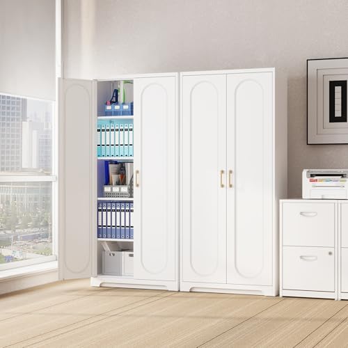 SteeLoong Kitchen Pantry Cabinet,71”Metal White Storage Cabinet with Doors and Shelves,Tall Cabinet with 2 Gold Hands for Dinning Room,Living Room - color: White, size: 71"H Arc