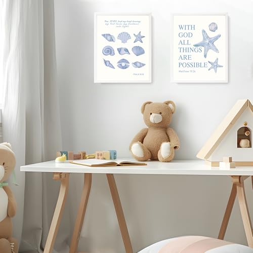LARTSFRO Beach Ocean Blue Christian Bible Wall Art Decor Posters, Coquette Shells Christian Room Bathroom Bedroom Dorm Wall Art Decor Aesthetic for College Teen Girls Gifts, Inspirational Bible Verses Wall Decor, 10x8 Inch Set of 4 Pcs Summer Beach Pictur