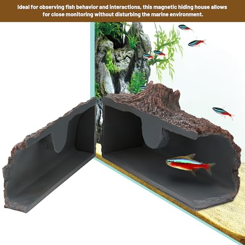 Upgraded Magnetic Detachable Aquarium Hideaway Hollow Tree Cave to Check Your Aquatic Pets to Breed, Play and Rest Safe and Non-Toxic Resin Fish Tank Viewing Hideout Ornaments