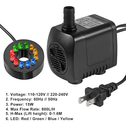 Submersible Water Fountain Pump 15W with LED Lights Aquarium Fish Tank Water Pump 260GPH for Aquarium Pond Statuary Gardens Water Feature Outdoor Fountain - color: 15w