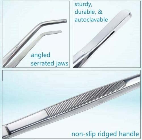 A2Z-Aquascaping Maintenance Tools Accessories,Anti-Rust Stainless Steel Tweezers Scissors Spatula for Aquarium Tank Clean, Fish Tank, Bonsai, Algae Scrapers (12" Serrated Tweezers - Angled)