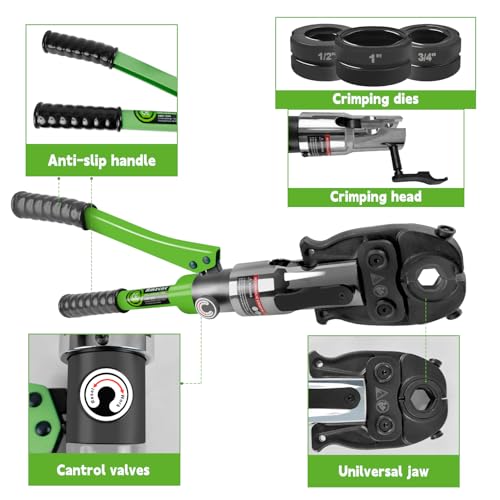 AMZCNC ProPress Tool Copper Tube Fittings Hydraulic Copper Pipe Crimping Tool with 1/2 inch,3/4 inch and 1 inch Jaws Copper Pipe Press Crimpers Pressing Pliers,Suit for Narrow Space and Tee Fittings