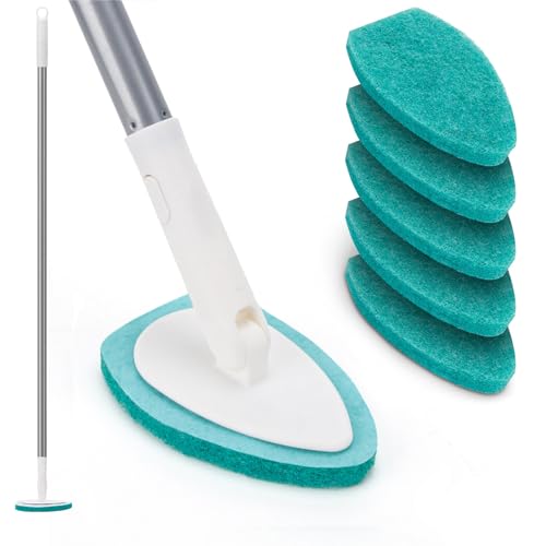 Shower Scrubber with Long Handle, 47'' Bathtub Scrub Brush, Bathroom Tub and Tile Cleaning Tool with 6 Refill Pads - color: Green, size: Scrubber with Long handle