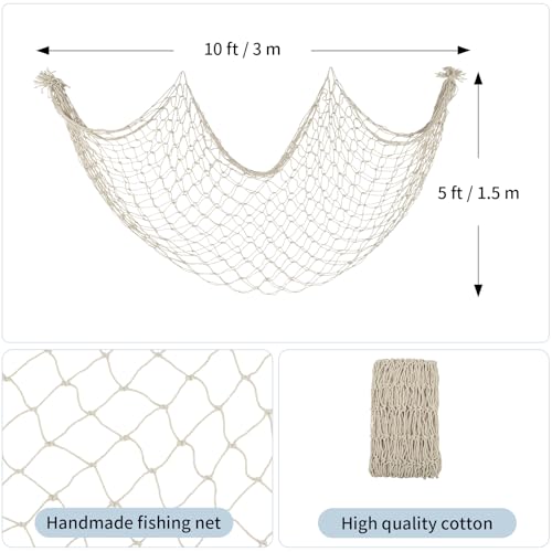 Decorative Fishing Net 3 Pack, 5x10 ft Large Beige Fish Net Decor for Wall, Photo Display, Nautical Mermaid Pirate Ocean Themed Beach Hawaii Under the Sea Party Decorations - color: Beige, size: 3 Pcs-5x10 Feet