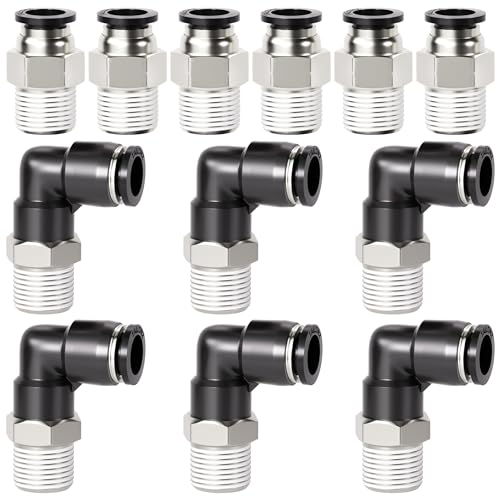 TAILONZ PNEUMATIC Elbow and Straight Combination 5/32 Inch Tube OD x 1/4 Inch NPT Thread Push to Connect Fittings PC-5/32-N2+PL-5/32-N2(Pack of 12) - size: 5/32"OD x 1/4"NPT