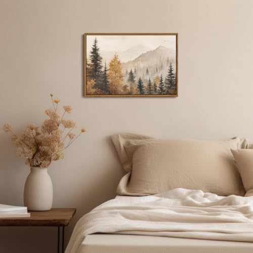 OIQArtOIQ Vintage Framed Wall Art Autumn Mountain Landscape Canvas Art Prints Fall Forest Rustic Farmhouse Pictures Wall Decor Modern Cottagecore Paintings Artwork For Bedroom Bathroom Living Room - color: Fall Trees, size: 16x24 in