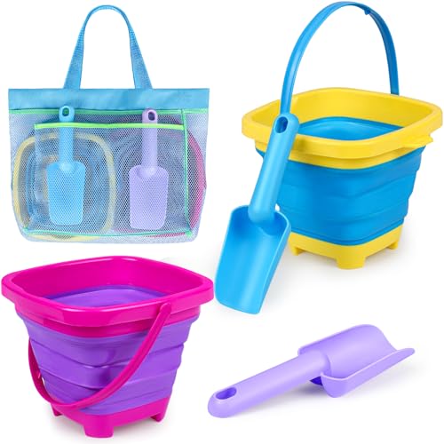 Collapsible Beach Buckets for Kids, 2 Packs Foldable Sand Buckets and Shovels with Mesh Beach Bag, Silicone Sand Pails for Toddlers Beach Toys, Easter Egg Hunt, Camping, Travelling, Fishing Water Pail - style: 2 Buckets
