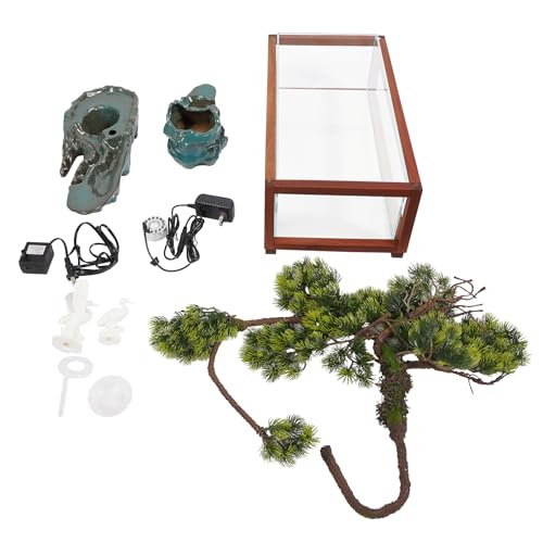 Tabletop Fountain Elegant Indoor Crane Water Fountain w/Fish Tank & Atomizer, Desktop Decoration with LED, Fake Plants Feng Shui Decor for Office Home
