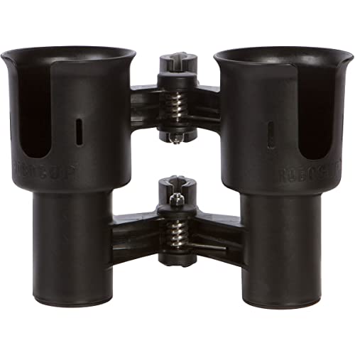 (Black), Patented Clamp On Boat Cup Holder |Multifunction Dual Drink Caddy for Fishing Poles, Tools, Net, Gaff |Portable Storage for Boating, Beach, Umbrellas, Golf Carts, Strollers