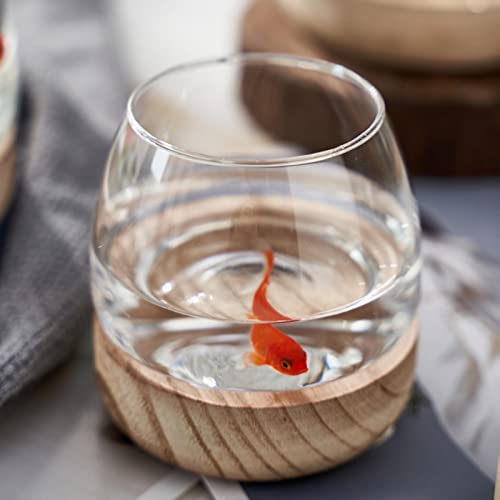 Glass Fish Bowl with Wooden Base, Transparent Small Aquarium Desktop Tank Vase Plant Terrarium Vase Home Decor, Multipurpose Aquarium Bowl for Betta Fish Goldf-ish - size: Diameter - 10cm