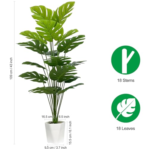 SAJANDAS Set of 2 Artificial Monstera Deliciosa Plants in Pots, Fake Tropical Palm Tree with Greenery Leaves Stems, 43 Inch Faux Swiss Cheese Floor Plants Indoor for Home, Office, Store Decor - size: 43 inch