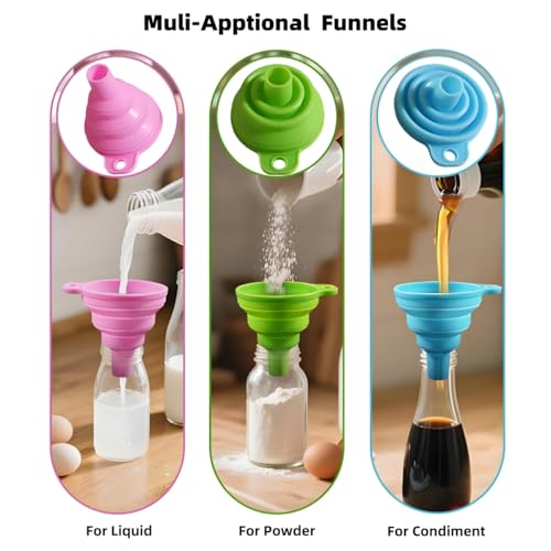 Silicone Collapsible Funnel for Kitchen Use,4Pack - Small and Middle, Food Grade Foldable funnel Kit for Filling Bottles, Liquid Transfer, Oil Change, Cooking, Water, Powder, Juice & Drink, Multicolor - color: 4Pack, Random Colors, Medium*2+Small*2