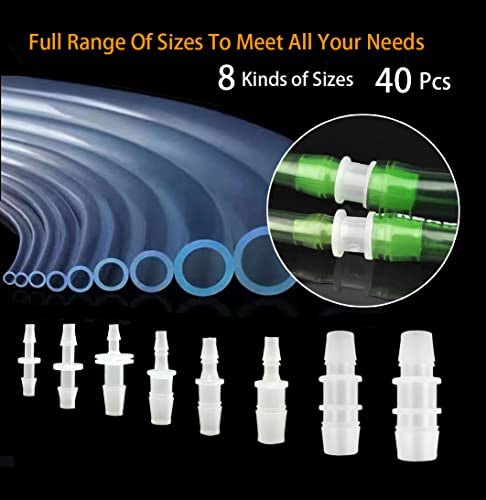 40Pcs Hose Barb Fitting, Barb Reducer, Pipe Connectors Joint Mender Adapter Union for Aquarium Gas Liquid,ID1/2"x1/4",1/2"x3/8",1/2"x5/8",1/4"x3/8",1/4"x3/16", 1/4"x5/32",3/8"x3/16",1/8"x1/4"