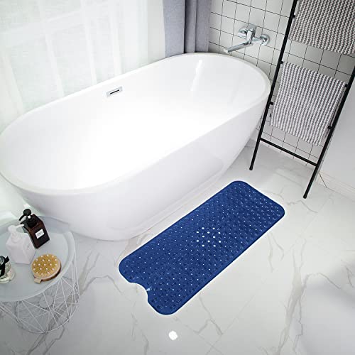 TEESHLY Bath Tub and Shower Mats, Non-Slip 39 x 16 Inch Extra Long Bathtub Mat, Machine Washable BathMat with Drain Holes, Suction Cups for Bathroom (Opaque Navy Blue) - color: Opaque Navy Blue