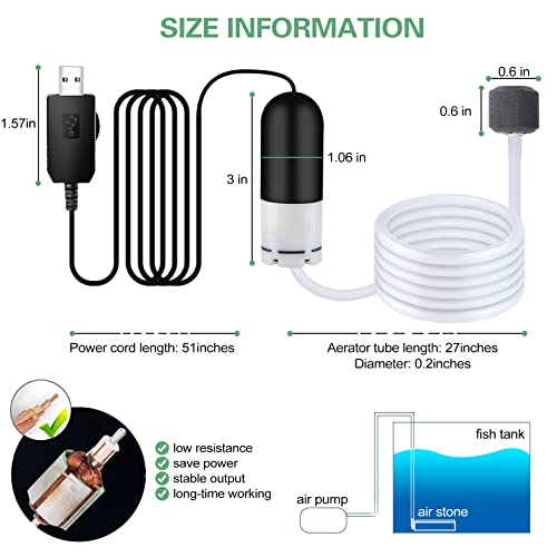 Mini Aquarium Air Pump,USB air Pump for 5 Gallon Aquarium Decorations Adjustable Fish Tank Aerator Includes Aquarium Oxygen Tube + Air Stones, USB Power Bank Aquarium air Pump