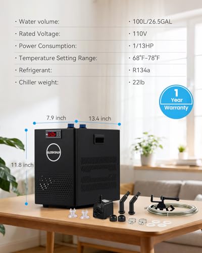 BAOSHISHAN 1/13 HP Aquarium Chiller 26 Gallon 100L Water Cooling System | Upgrade Durable Pump and Tubing, Quiet Compressor Refrigeration, Precise Cooling for Axolotl Fish and Reef Tanks - size: 100L