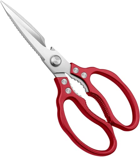 AWinjoy Heavy Duty Sharp Kitchen Scissors, Dishwasher Safe, Cooking Shears for Meat, Chicken, Fish, Poultry, Herb, Bread (Red) - color: Red