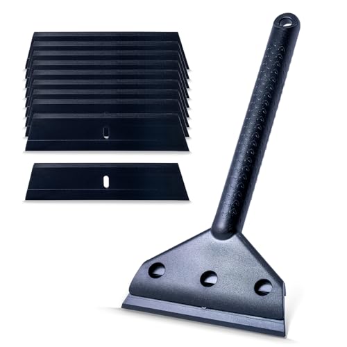 FOSHIO Long Handle Plastic Razor Blade Scraper - 10PCS Plastic Blades for Sticker, Label, Decal, Gasket, Residue Removal & Cleaning