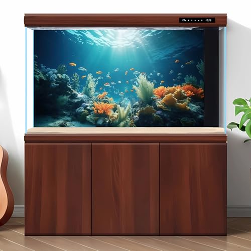 Under The Sea Fish Tank Background Deep Sea Coral Reef Aquarium Background Underwater Rock Aquatic Plants Sunray Terrarium Backgrounds Tropical Fish Ocean Floor Fish Tank Backgrounds Decors 30x12in - color: Orange Blue, size: 24(W)x12(H)inches/ 60(W)*30cm
