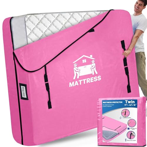 Mattress Bags for Moving, BETU Mattress Protector Waterproof Mattress Cover Storage Bags with 8 Heavy-Duty Handles and Zipper for Bed Extra Thick Large Reusable,77"x42"x15",Pink - color: Pink, size: Twin 1 Pack (77"x 42"x 15")