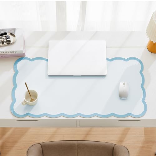 Scalloped Desk Mat, 31.5" x 15.7" Large Cute Aesthetic Desk Accessories, PU Leather Computer Laptop Desk Mouse Keyboard Pad, Desk Writing Mat for Vanity/Work/Home Decor (Blue, 31.5" x 15.7") - color: Blue, size: 31.5" x 15.7"
