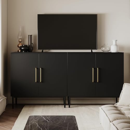 Set of 3 Black Storage Cabinet with Doors, Modern Accent Cabinet, Free Standing Cabinet with Adjustable Shelf, Wooden Buffet Sideboards for Living Room, Kitchen, Dining Room, Entryway - color: Black丨flat Panel, size: 3 Pieces
