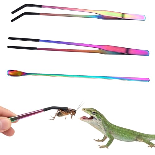 3PCS Stainless Steel Reptile Feeding Tongs with Rubber Tip, 10.6" Straight Curved Long Tweezers, Extra Long Aquarium Tweezers for Bearded Dragons, Lizards, Terrarium Tank Supplies