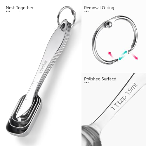 U-Taste Narrow Square Measuring Spoons: 18/8 Stainless Steel Kitchen Measure Teaspoon Tablespoon with Leveler, Polygon Rectangular Metal Jar Scoop for Baking Cooking, Coffee, Spice, Powder (Set of 7) - size: M-6+1 pcs (square)
