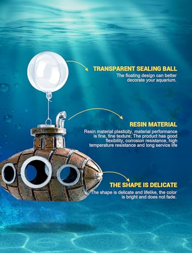 Floating Fish Tank Decoration, Little Cute Retro Submarine Aquarium Decoration with Two Float Balls, Resinous Fish Tank Accessorie, Safe Fish Toy for Betta Cichlid Goldfish Shrimps Hermit Crabs - size: 4.9'' Floating submarine