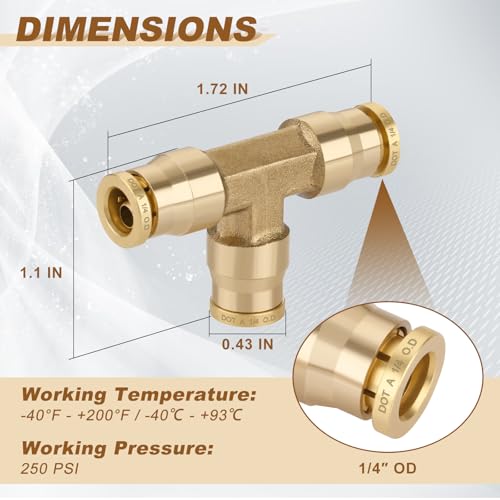 1/4" Quick Push to Connect Fittings Brass Union Tee Shaped Joint DOT Approved 1/4 Inch OD 3 Way Tube Air Line Adapter Air Spring Suspension Kit for Car Truck Trailers and Air Brake System 5pcs - size: 1/4" OD 5PCS, style: Tee