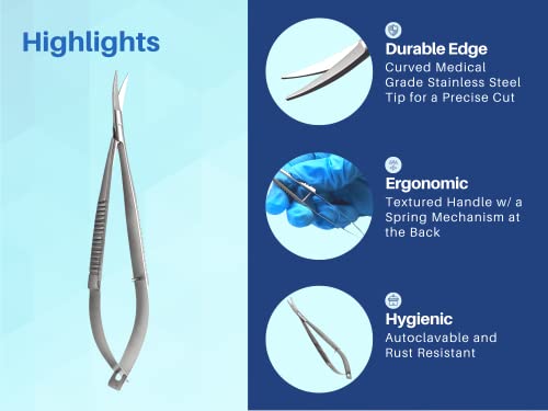 5.5” Curved Micro Scissors Castroviejo Style Premium Stainless Steel Spring Action Squeeze Scissors for Stitch Cutting, Sewing, Embroidery, Applique & Precision Craft