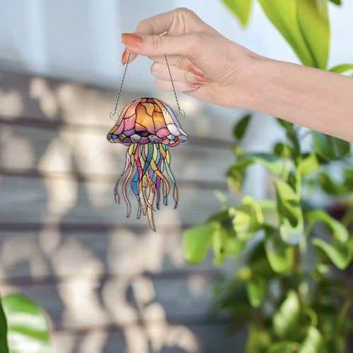 Jellyfish Ornaments Decor for Window Hanging, Jellyfish Lover Gifts for Women Men, Sea Animal Home Wall Room Decorations, Christmas 2D Flat Acrylic Ornamnet - size: 5in