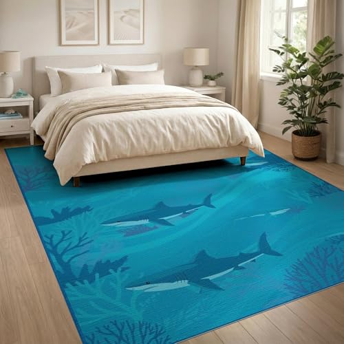 8'x10' Washable Graphic Fish Large Rug, Dark Blue Non-Shedding Pet Friendly Carpet for King Size Bedroom, Master Suite, Under Bed, Foldable Easy Care Mat | Ref:2068649 - color: Blue/Pattern 13, size: 8' x 10' (Rectangular)