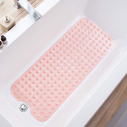 TEESHLY Bathtub Mats for Shower Tub, Extra Long Non-Slip 39 x 16 Inch Bath Mat with Drain Holes and Suction Cups, BathMat for Bathroom with Machine Washable (Clear Coral Pink) - color: Clear Coral Pink