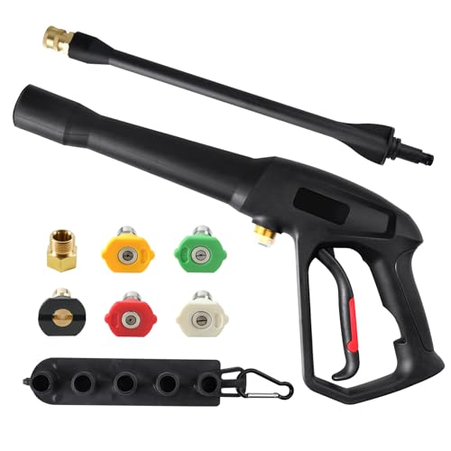 Pressure Washer Gun with 5 pcs Quick Connect Nozzles,Compatible with Karcher, Ryobi,Powerstroke,Greenworks, Husky, Raptor Blast,Electric Power Washer,with M22-14mm and M22-15mm Fitting Replacemen