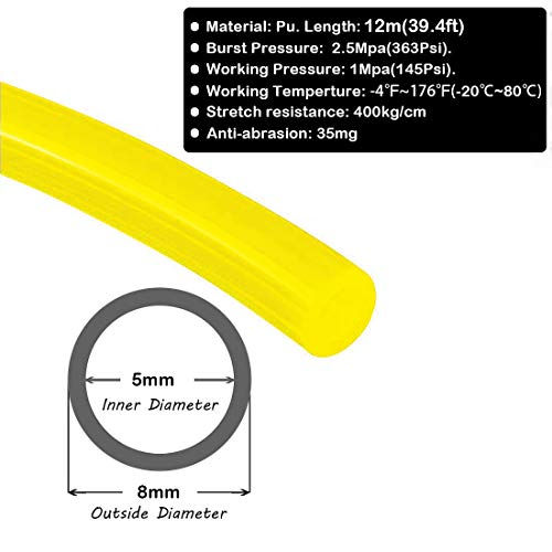 Beduan 8mm x 5mm Yellow Pneumatic Tubing Pipe PU Polyurethane Air Compressor Tubing Hose Pipe Line Fluid Transfer 39.4ft 12 Meter - color: *Yellow, size: 8mmx5mm-12m