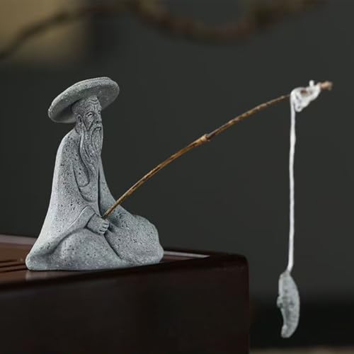 livelyfish Mini Fisherman Statue Asian Zen Decoration Sitting Fishing Figurines Sandstone Vintage Ornament for Aquarium Fish Tank Pot Garden Home Japanese Decor (B) - color: B