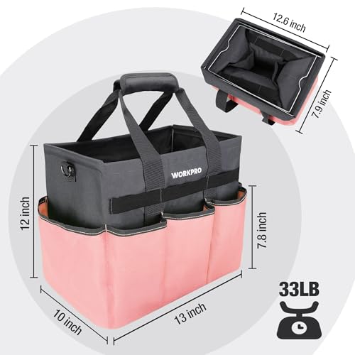 WORKPRO Garden Tool Bag, Heavy Duty Gardening Tote Bag Organizer with 10 Pockets and Long Adjustable Shoulder Strap, Standable Garden Home Tool Kits Organizer, Pink - color: Pink