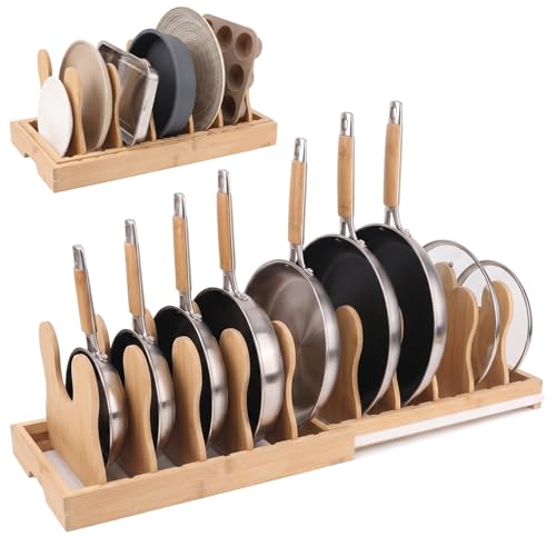 MEKER Pot Lid Holders, Cabinet Organizer for Food Contanier Lid, Bamboo Expandable Bakeware for Under Cabinet, Adjustable Dividers, Pot Lids Holder Rack, Cookie Sheet Baking Pan, Tray Organizer, 10PCS