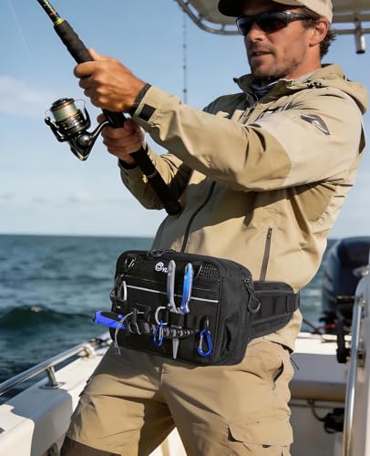 CVLIFE Fishing Tackle Bag Waist Pack with Rod Holder, Water Resistant Fanny Pack Includes 3600 Tackle Box, Waterproof Pouch & Carabiners, Convertible Sling Bag with Net Holster for Gear - color: Black