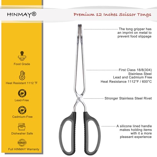 HINMAY Scissor Tongs with Comfort-Grip Handle 12-Inch Cooking Tongs (Black Handle) - size: 12"