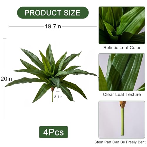 4 Pcs Artificial Greenery Stems Dracaena Faux Branches Artificial Plants Realistic Fake Dracaena Greenery Realistic Plants for Indoor Outdoor Porch Patio Home Office Living Room Decor (Green) - color: Green