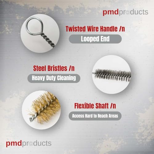 PMD Products 10-Piece Tube Cleaning Brush Kit | Brass Wire Bore Brushes & Stainless Steel Brushes 12" Long (1/4" to 3/4") for Tubes, Cylinders, and Narrow Spaces