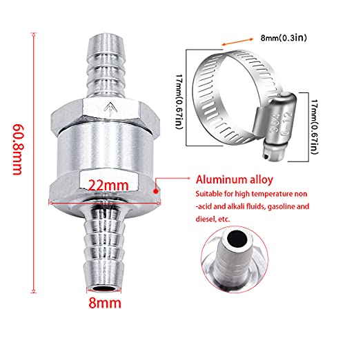 mxuteuk 2Pcs 5/16" 8mm Aluminium Silver Non Return One Way Check Valve with 4Pcs 6-12mm Universal Adjustable Hose Clamps for Fuel Petrol Diesel Line Oil M-H-032-8mm - color: Silver, size: 5/16" 8mm
