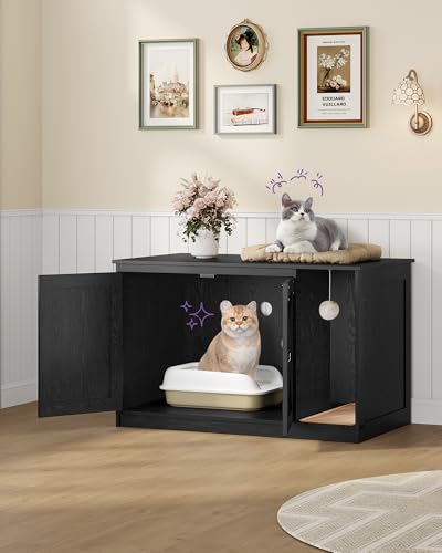 Hzuaneri Cat Litter Box Enclosure, Hidden Litter Box Cabinet Furniture with Bell, Indoor Cats House, Farmhouse Style, 39.4 x 21.7X 24.8 Inches for Hallway, Bedroom, Black CB85204X - color: Black, size: 39.4"L x 21.7"W x 24.8"H