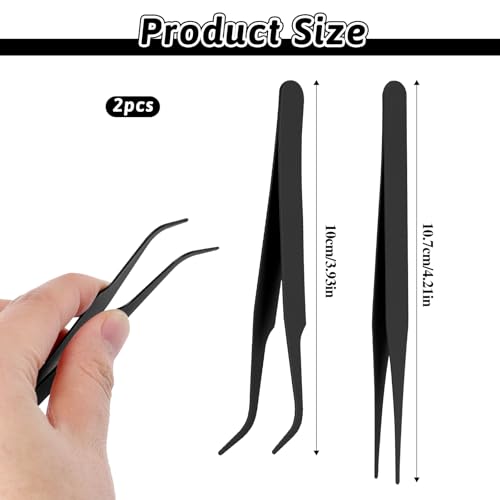 Tweezers for Crafting, 2 Pcs Stainless Steel Sticker Tweezers Kit Multipurpose Straight and Curved Tip Tweezers Small Jewelry Making Tools for DIY Intricate Projects, Cardmaking, Scrapbooking - Black - color: Black