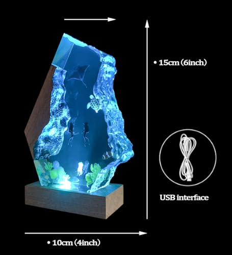 Handmade 3D Ocean Resin Lamp-Handcrafted Diving Night Light,Multiple Adjustable LED Light Sources Wooden Base with USB Port,Birthday Gift for Boyfriend Girlfriend Men Dad Divers(Devilfish,6"x4") - style: Devilfish&Sea Turtle
