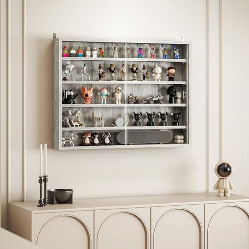 HOMCOM 5-Tier Display Cabinet, Glass Door Cabinet with Adjustable Shelves, Wall-Mounted Display Case for Playroom, Bedroom, Gray - color: Grey