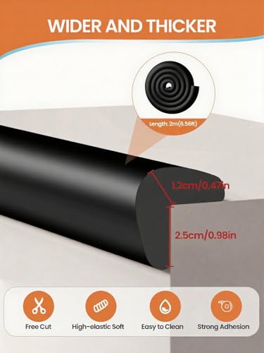 Baby Proof Edge Corner Protector, 6.56FT 0.47''Th L-Shape Furniture Corner & Edge Safety Bumpers with 6 Corners, Pre-Taped, Soft NBR Rubber Foam Desk Edge Cushion Wall Corner Protector（Black） - color: Black, size: 0.47''Th (6.56ft)