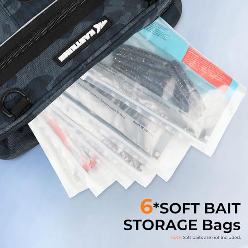 KastKing BaitSpace Waist Bag – Waterproof Tackle Storage Bag With Adjustable Belt, Fishing Fanny Pack for Men, Soft Bait Organizer, 3600 Utility Box, Rod Holder, Nylon - color: Blue Camo